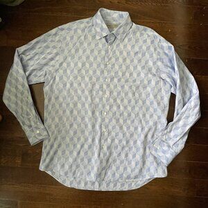 Men's Etro 100% Cotton Dress shirt White Blue 3D Squares-Sz. 44-XL